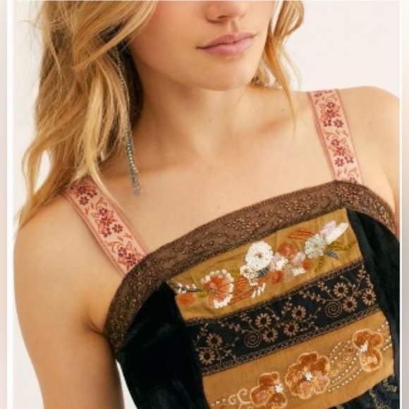 Free People Hold Me Close Embroidered Black Gold Velvet Tank Top Size: Medium - Picture 8 of 10